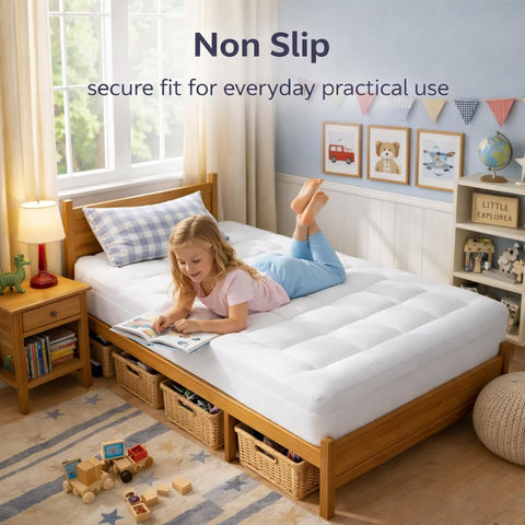 Elemuse deep-pocket fit secures topper on mattress.