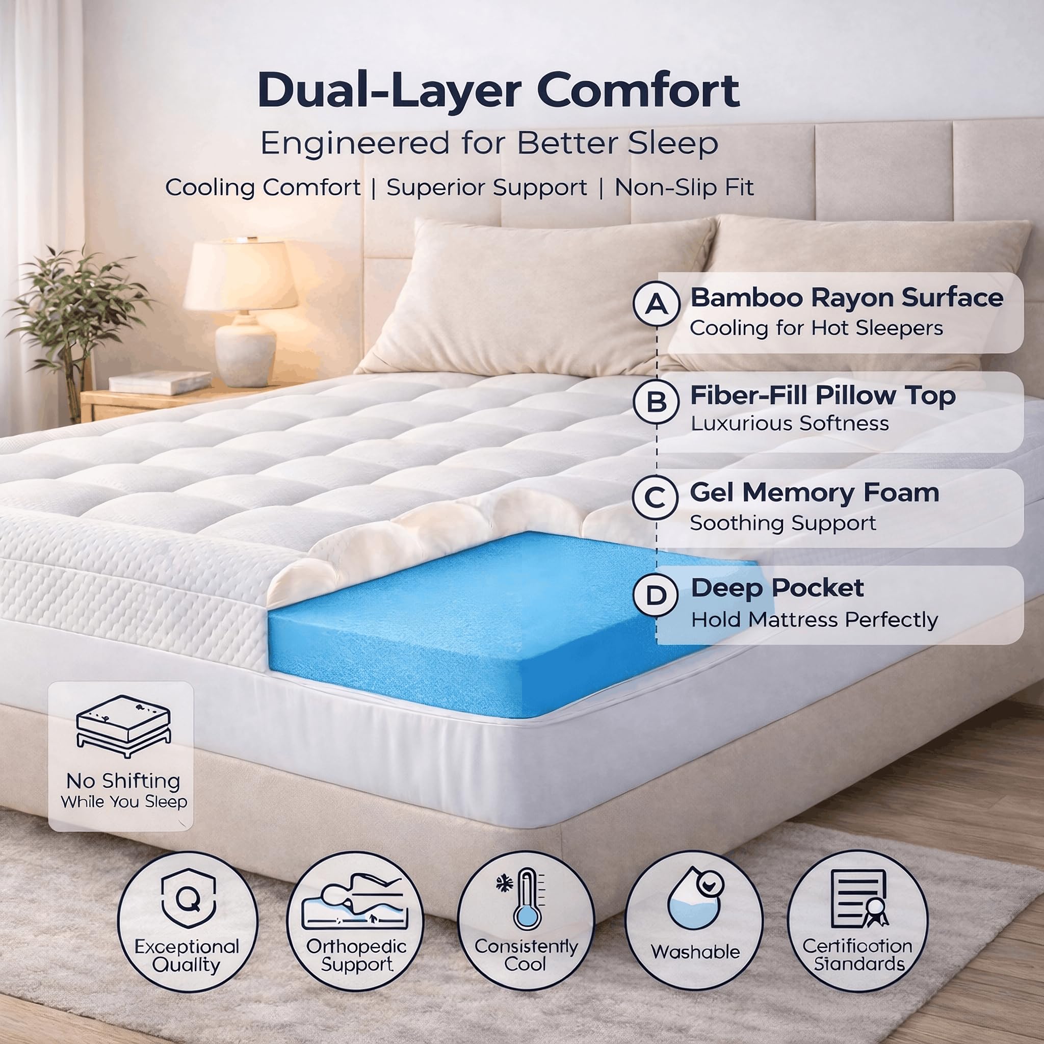 Secure-fit deep-pocket design keeps topper in place on king beds.