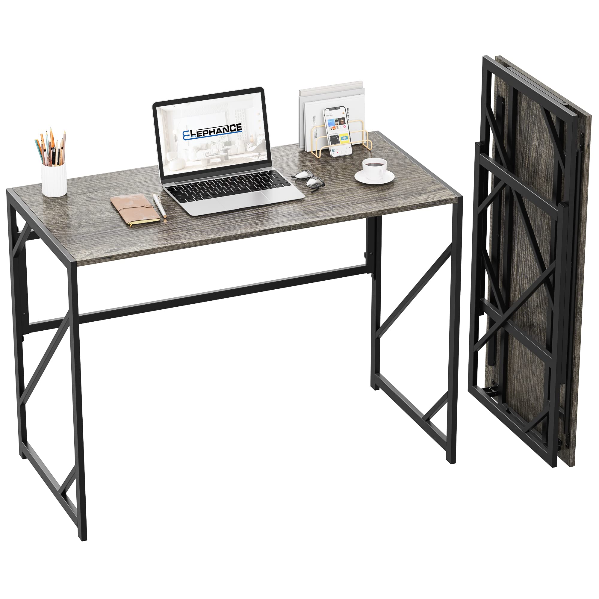 Elephance folding desk assembled, ready for use, highlighting no-assembly convenience.