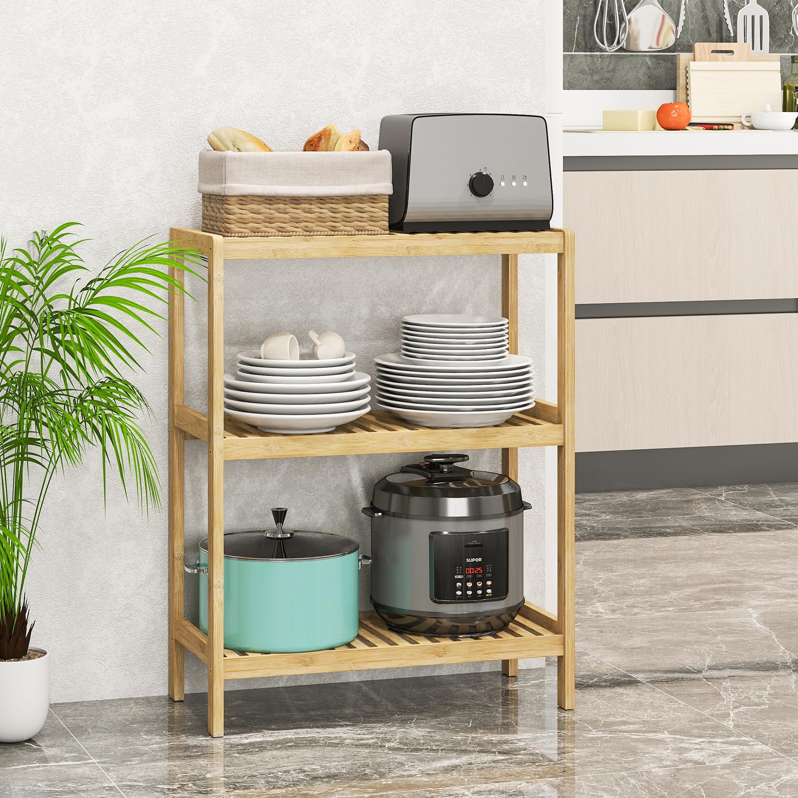 Elepude multifunction shelf ideal for books, plants, and vanity storage.