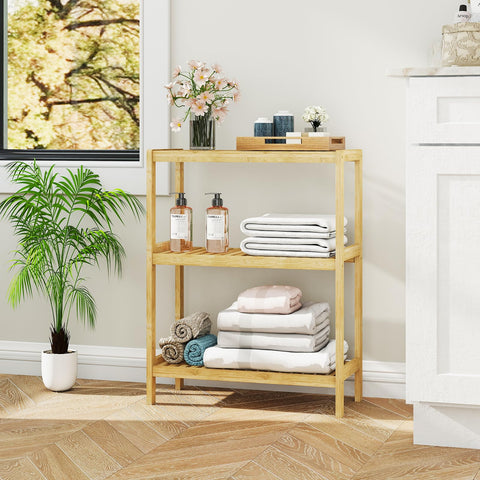 Elepude bamboo shelf stand organizes living room essentials with easy access.