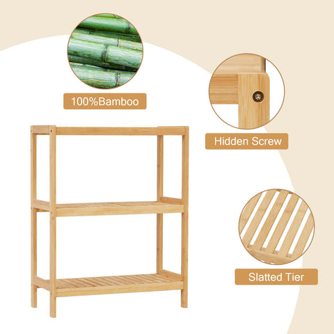 Elepude bamboo storage shelf in the kitchen holds spices and small appliances neatly.
