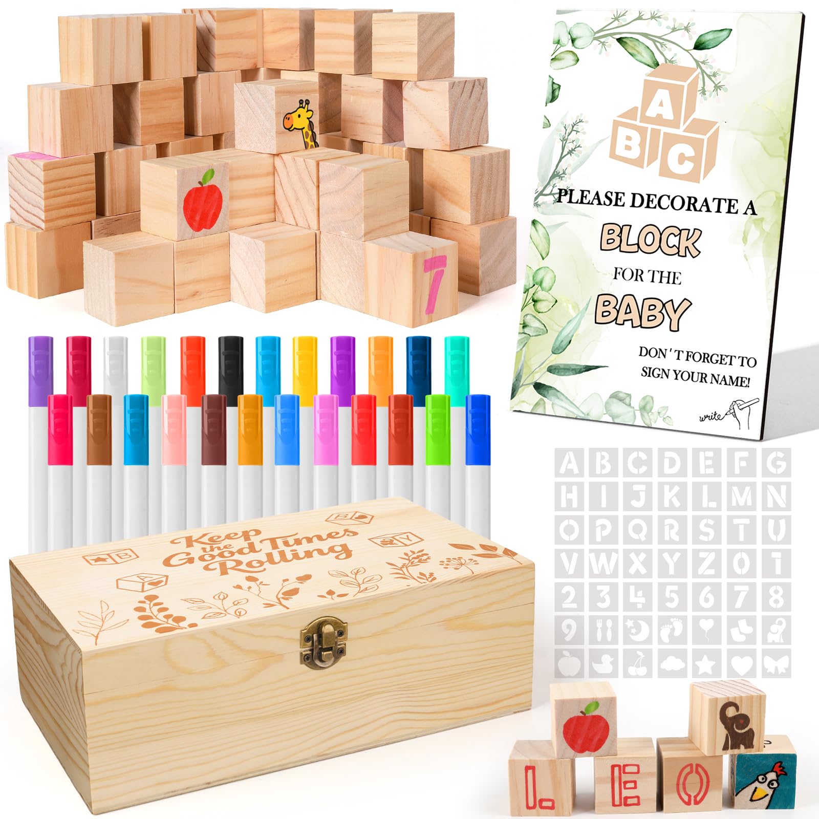 ELESTONE baby shower blocks wooden box shown as sturdy storage and display.