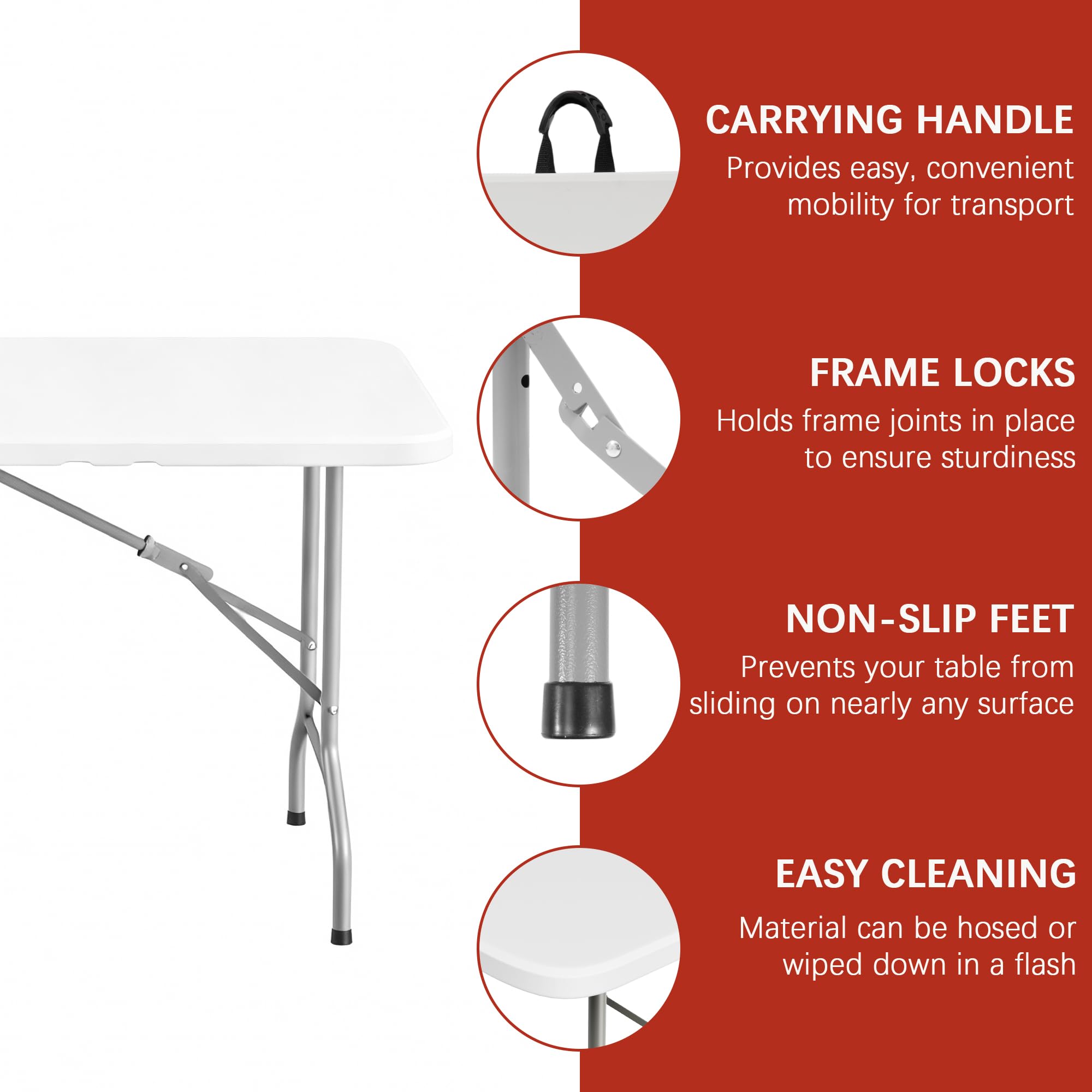 Elevon folding table with locking mechanism enables easy one-handed carrying.