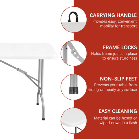 Elevon folding table with locking mechanism enables easy one-handed carrying.