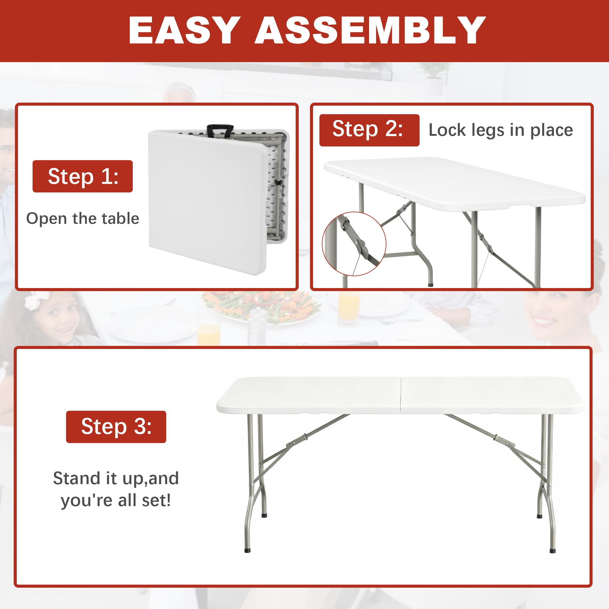 Elevon 6ft table outdoors beside camping gear for gatherings.