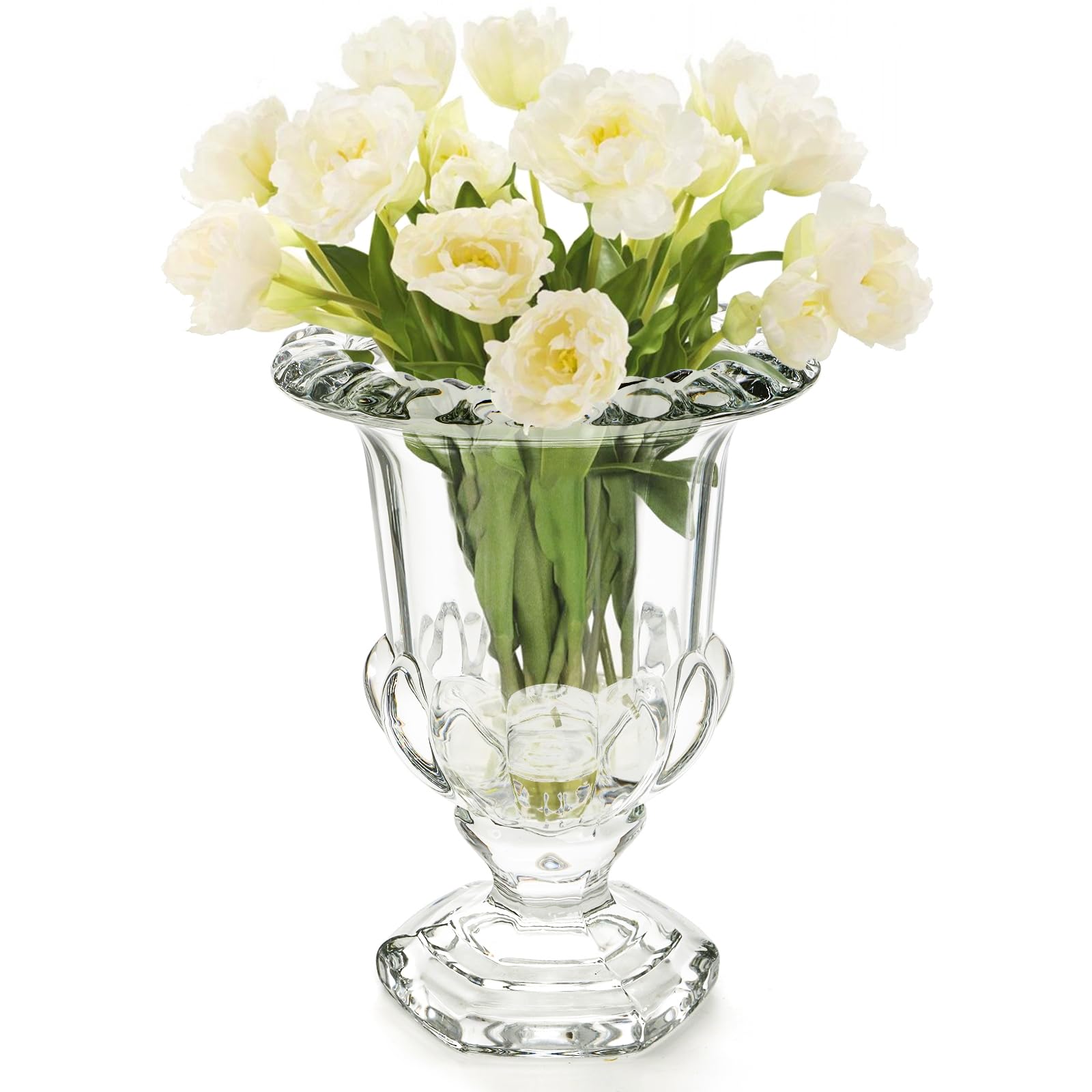 ELFULLY 8-inch Glass Urn Vase shines with crystal clarity for elegant centerpieces.