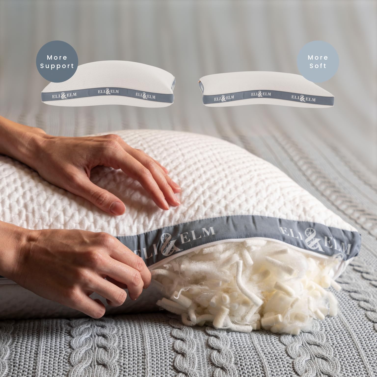 Eli & Elm pillow shows adjustable loft for personalized firmness.