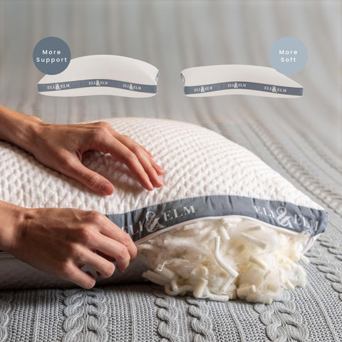 Eli & Elm pillow shows adjustable loft for personalized firmness.