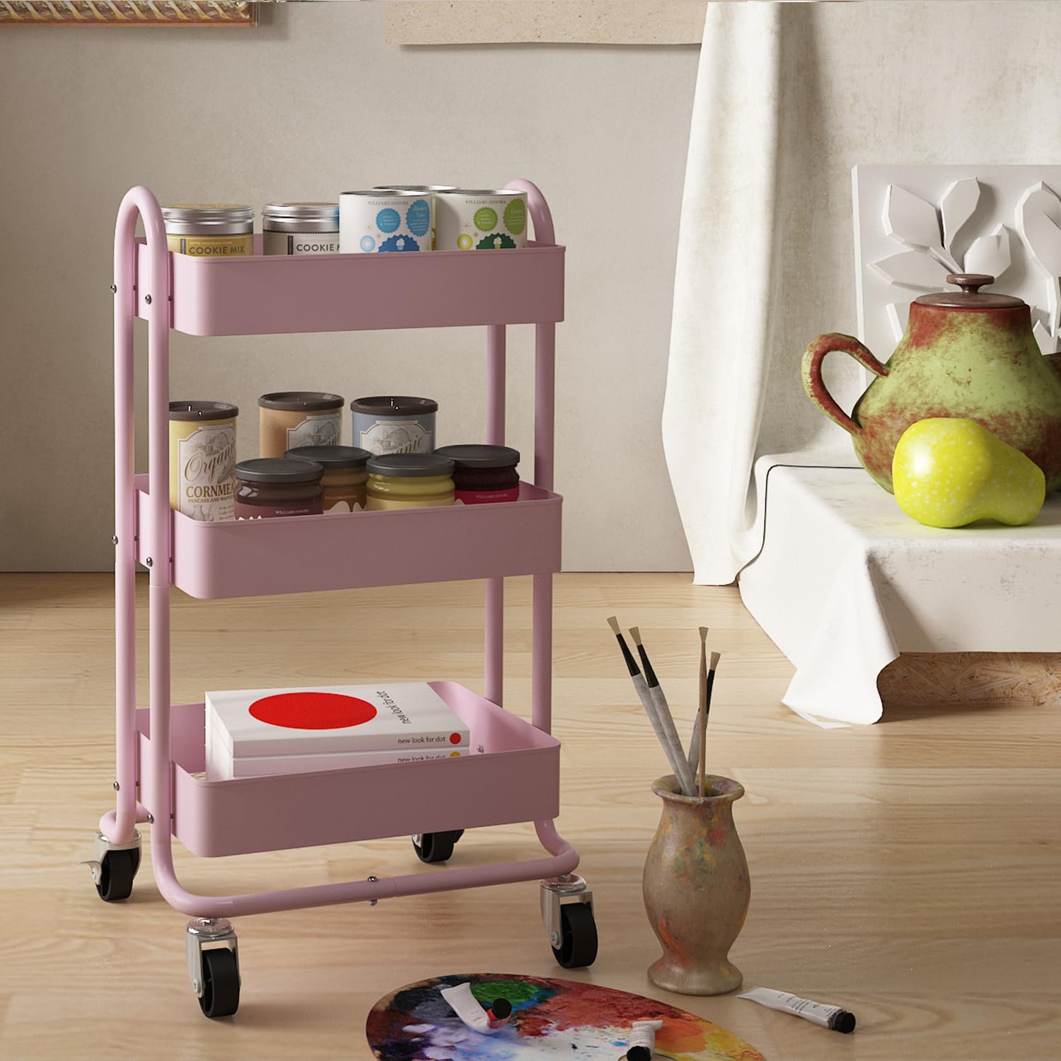 Elitehouse pink utility cart with easy assembly and adjustable shelves.