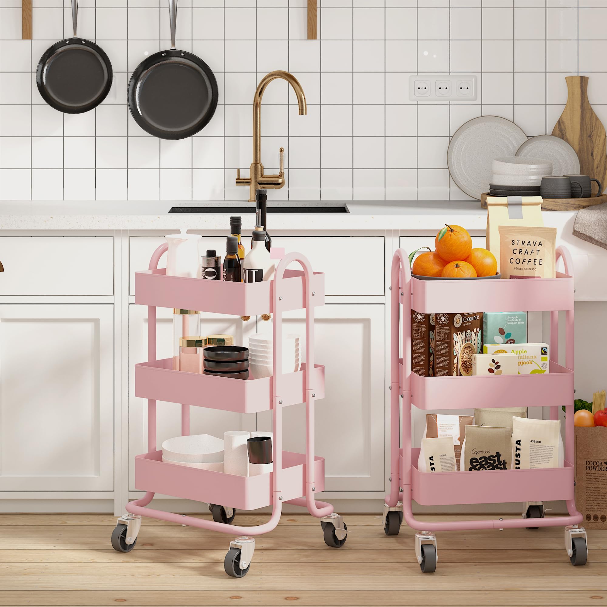 Elitehouse pink rolling cart wheels and lockable design for stable placement.