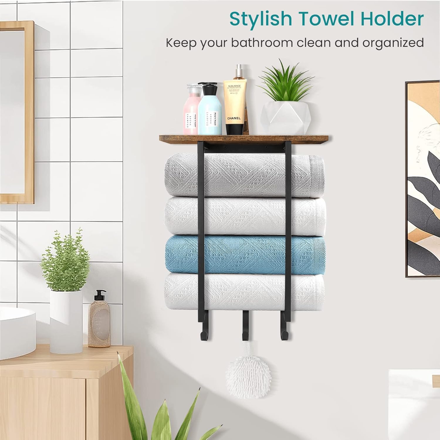 Eliteroo wall-mounted rack shows off rustic brown shelf while keeping towels tidy.