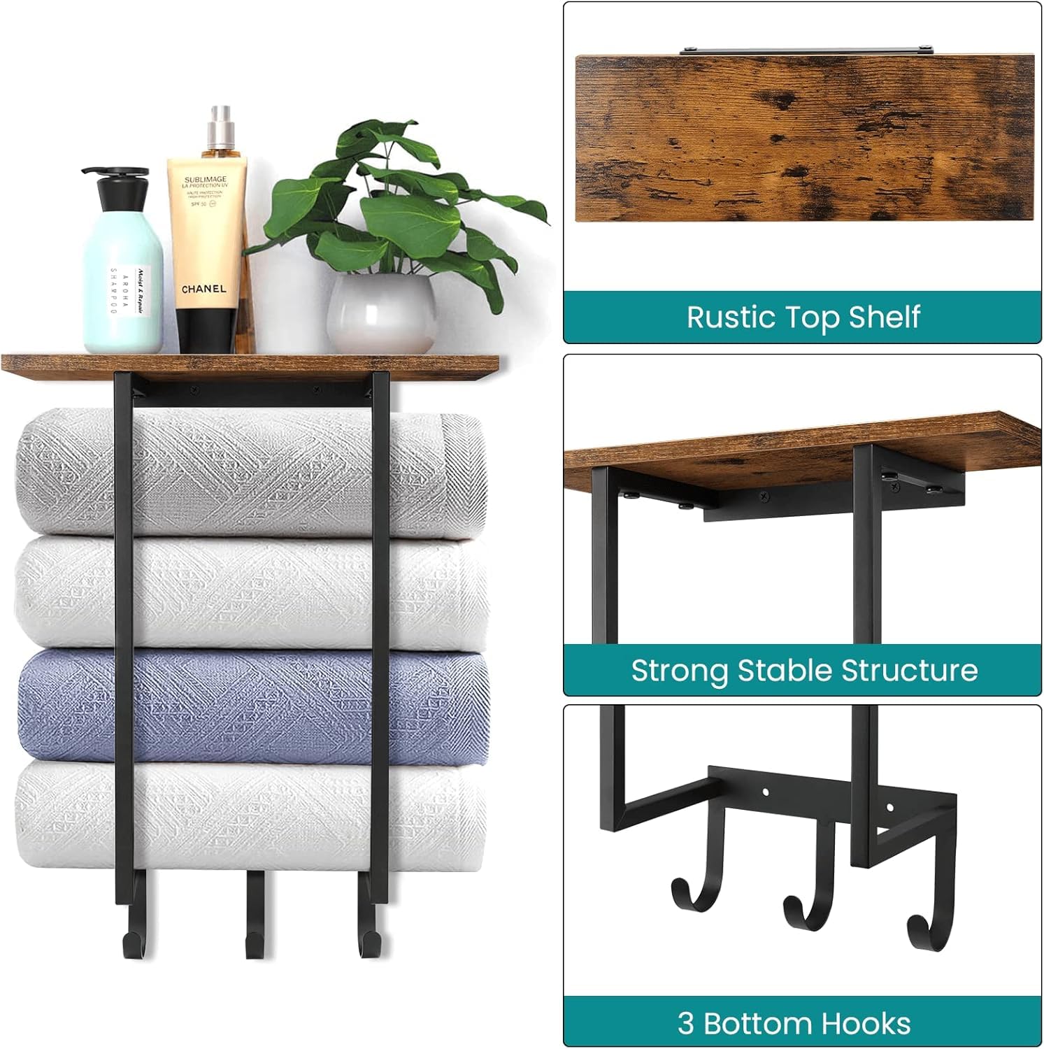 Eliteroo towel rack with three hooks for washcloths and hand towels.