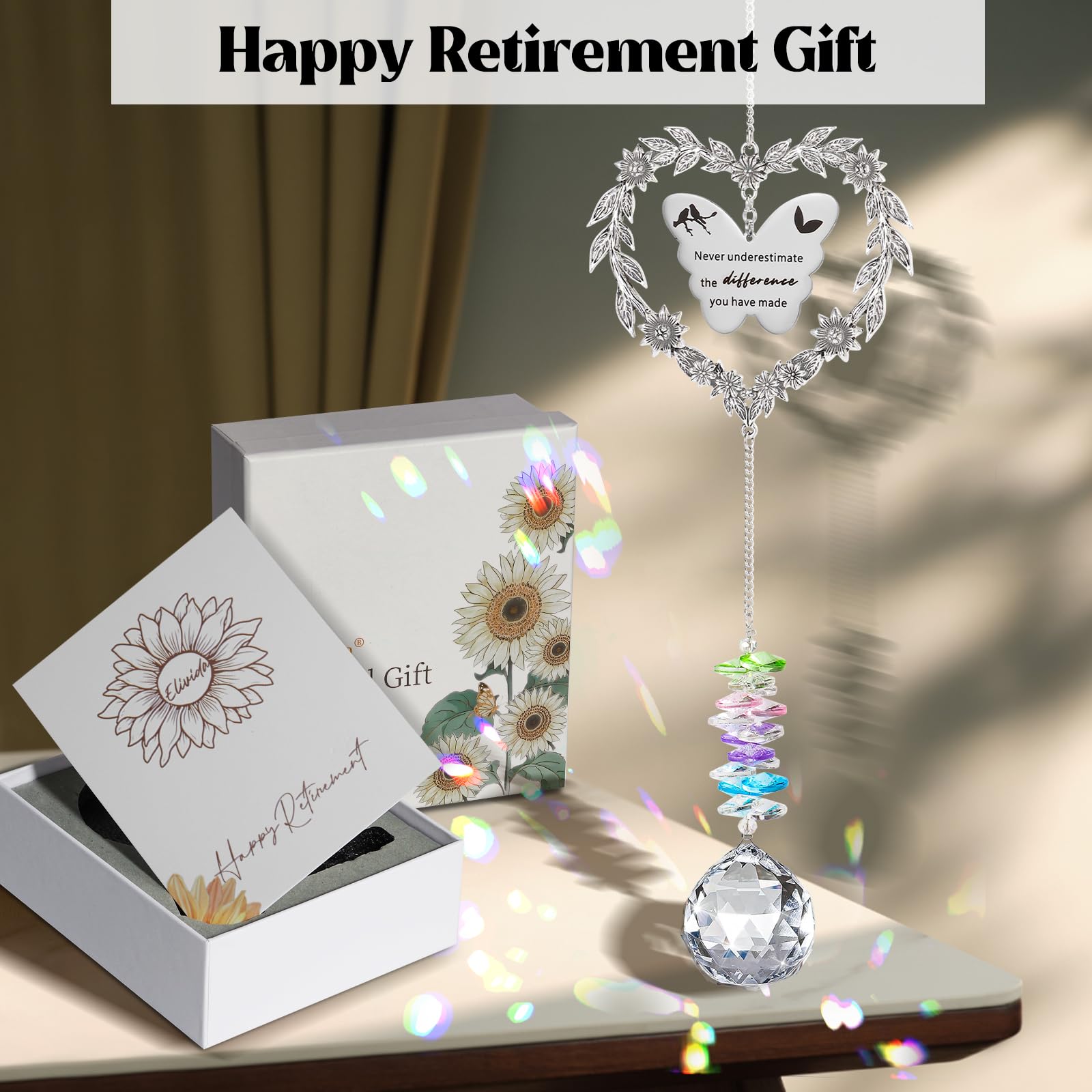 Elivida gift box and card accompany the retirement sun catcher for gifting.
