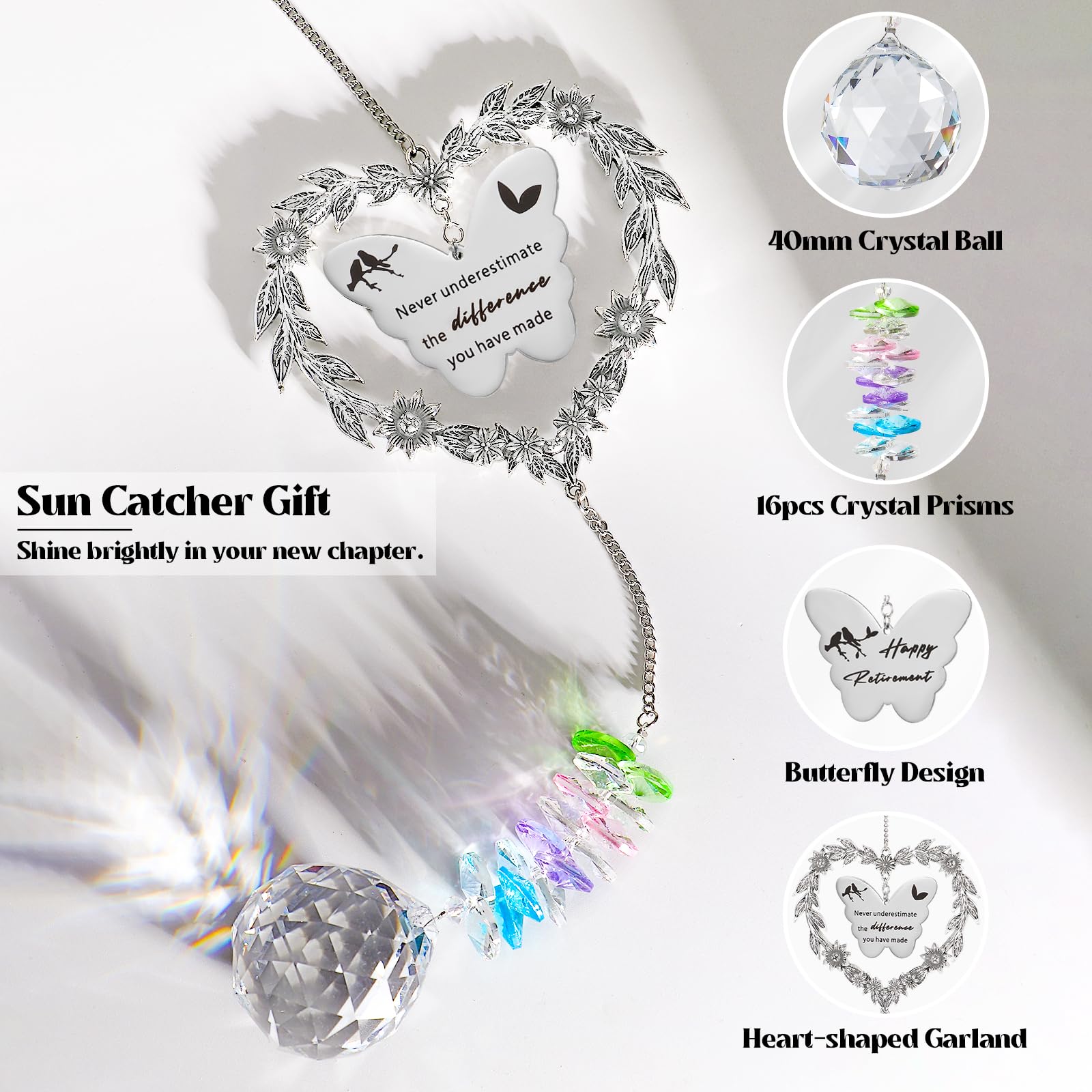 Elivida sun catcher hangs in a window, creating rainbow light patterns.