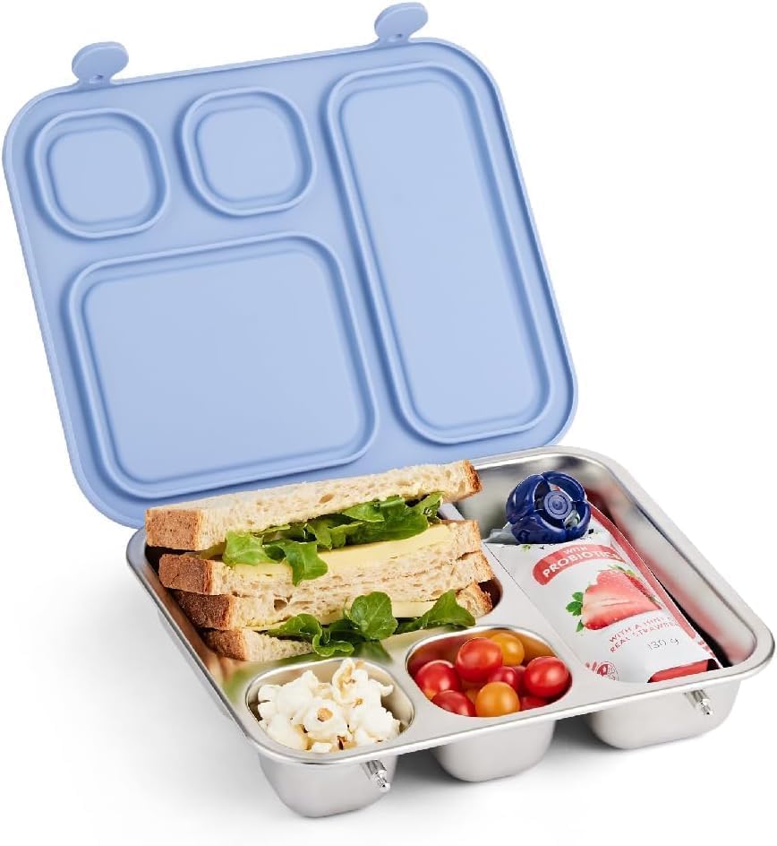 Elk and Friends bento box with silicone lid keeps foods fresh and mess-free.