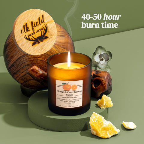 Elk Field Cotton Wick Beeswax Candle ensures clean, steady burn.