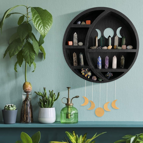 Ella and Emma crescent moon wall decor with five shelves for stones and decor
