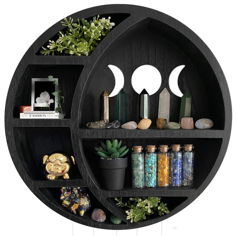 Ella and Emma Moon Shelf crystal display on black pinewood for crystal storage