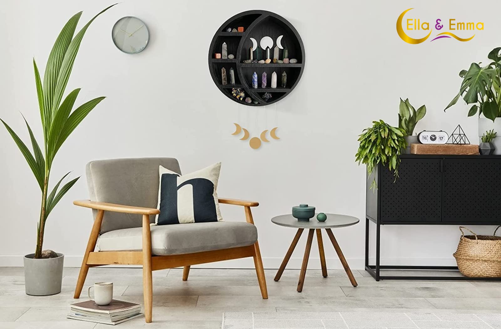Ella and Emma circular wall shelf displays crystals with a compact footprint