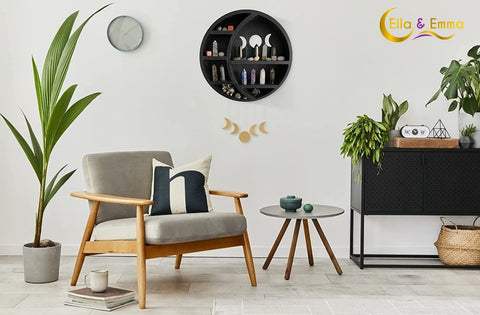 Ella and Emma circular wall shelf displays crystals with a compact footprint