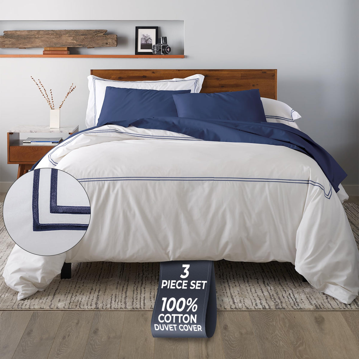 Ella Jayne king navy duvet cover embroidery detail showing satin stitching
