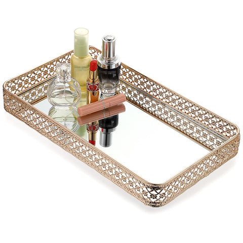 ELLDOO Gold vanity tray with hollow-carved design keeps jewelry neatly displayed and accessible.