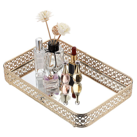 ELLDOO vanity tray in gold with hollow carving and mirrored surface for cosmetics