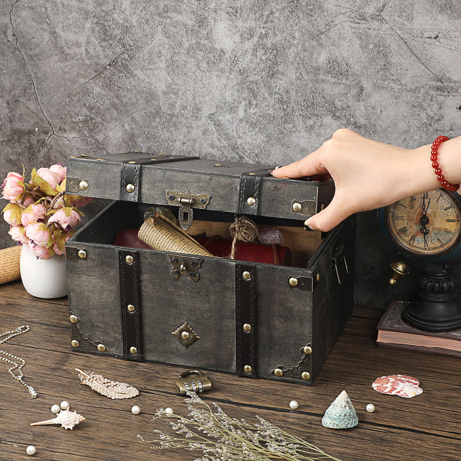 ELLDOO treasure chest with dimensions fits on a dresser.
