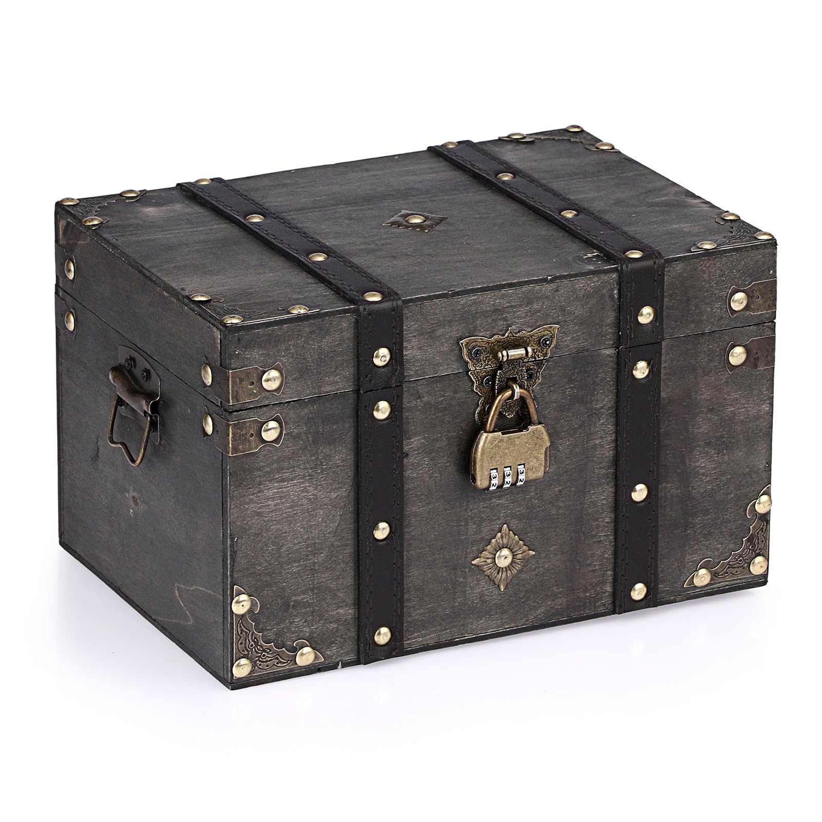 ELLDOO wooden treasure chest front view with vintage hardware for keepsakes.