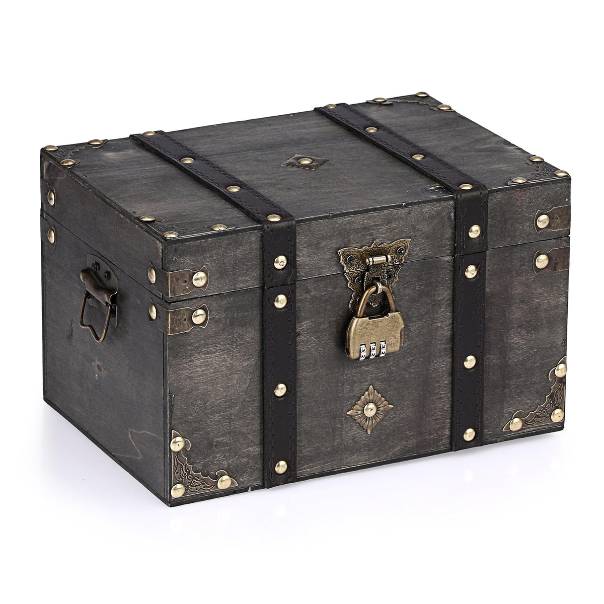 ELLDOO wooden treasure chest front view with vintage hardware for keepsakes.