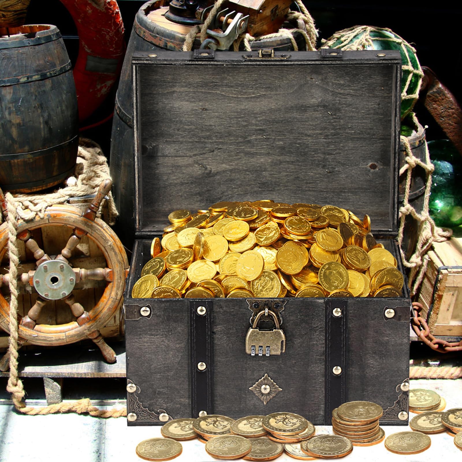 ELLDOO wooden chest used for kids pirate play and keepsakes.