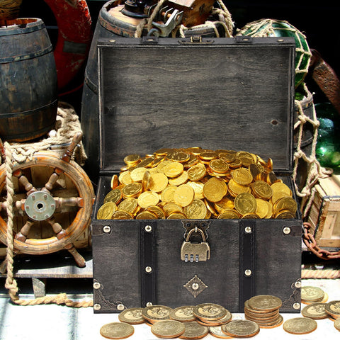 ELLDOO wooden chest used for kids pirate play and keepsakes.