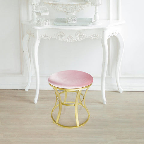 Ellensamqi vanity stool in a bedroom vanity area with chic pink velvet.