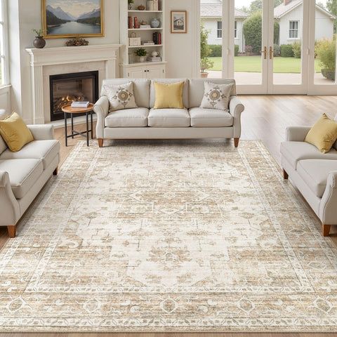 ELLIUNE washable area rug 8x10 beige for living rooms, soft and stain resistant.