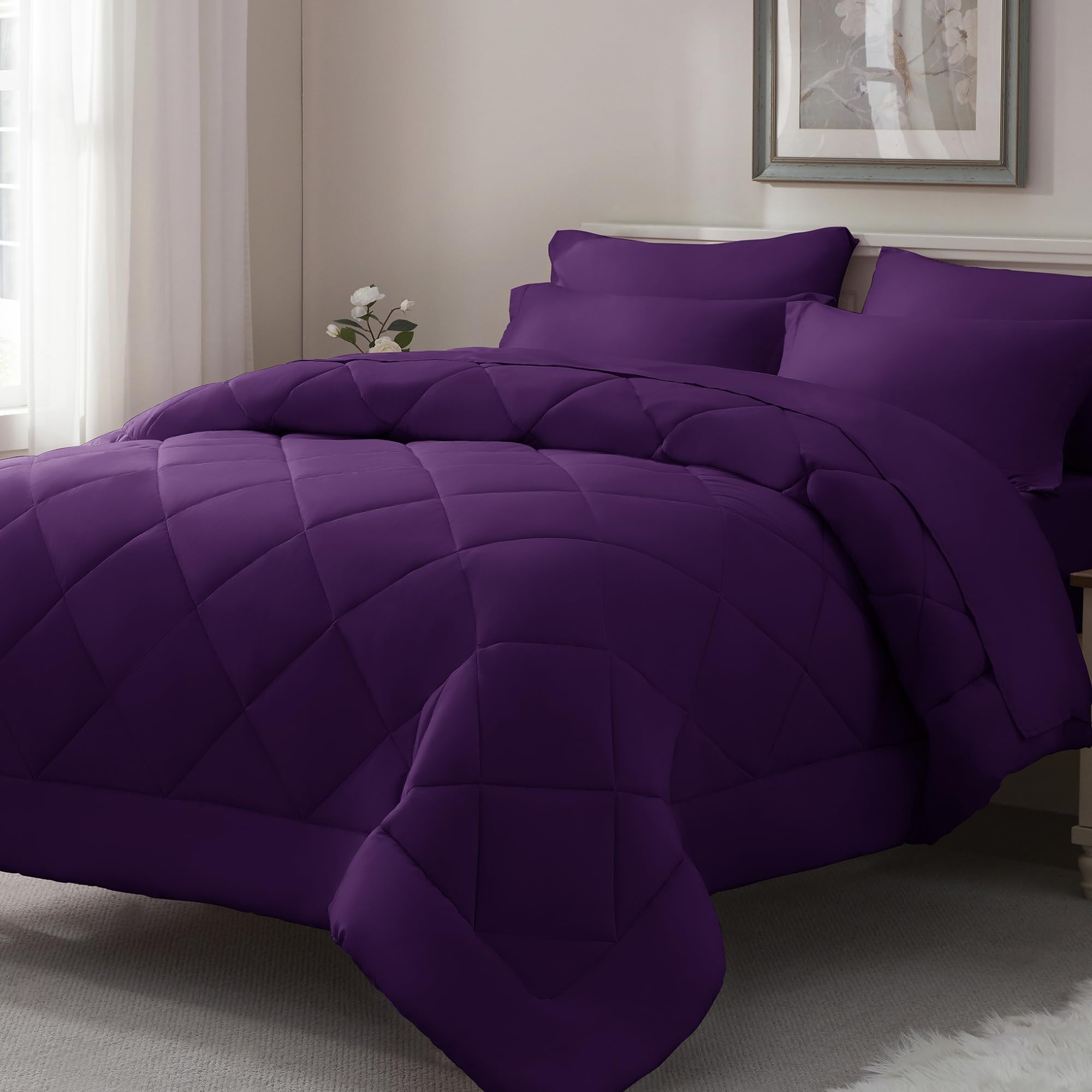 ELNIDO QUEEN Purple Comforter Set on bed shows warm luxury and color.
