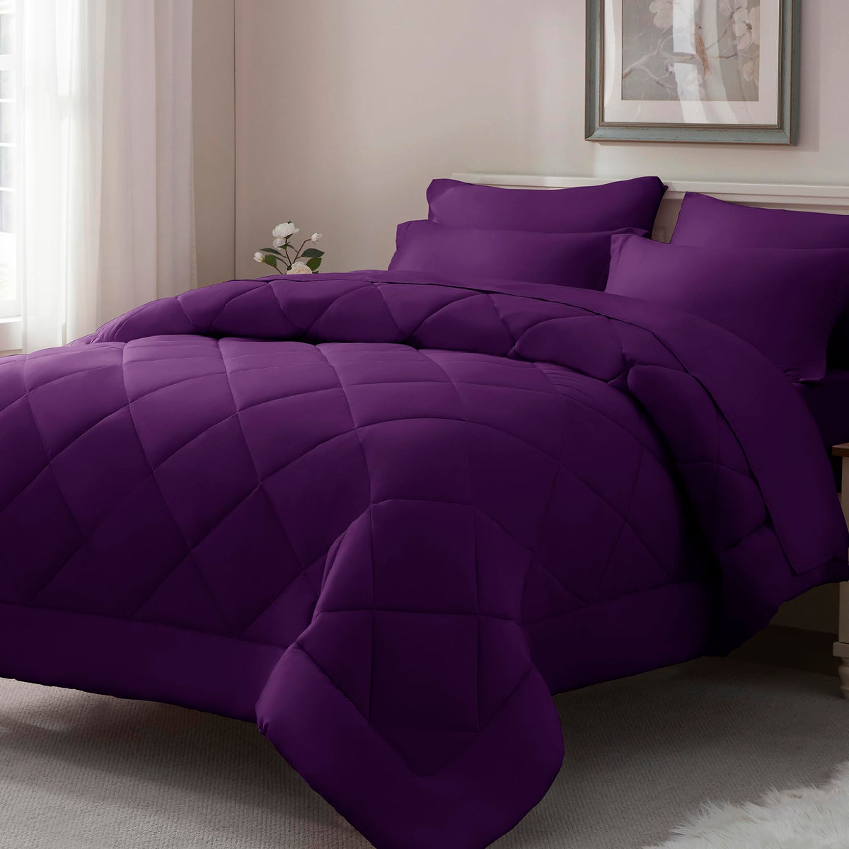 ELNIDO QUEEN Purple Comforter Set on bed shows warm luxury and color.