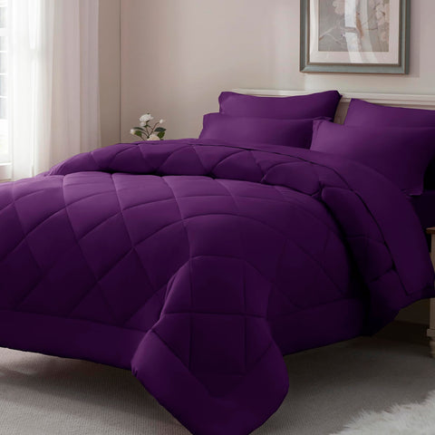 ELNIDO QUEEN Purple Comforter Set on bed shows warm luxury and color.