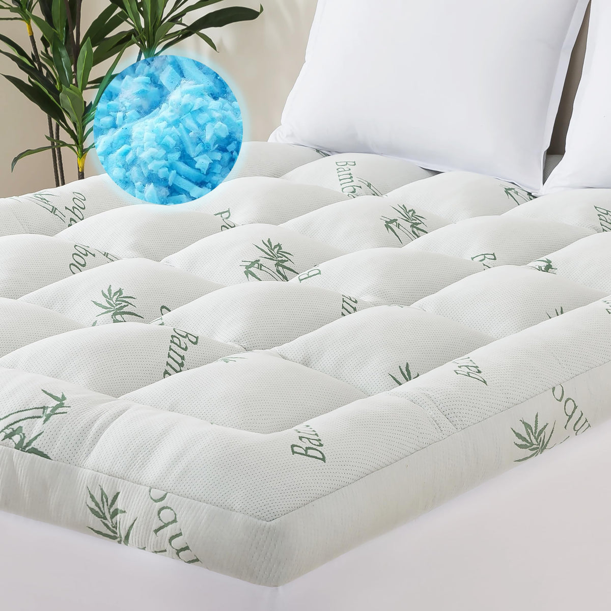 ELNIDO QUEEN memory foam topper with cooling bamboo fabric for hot sleepers.
