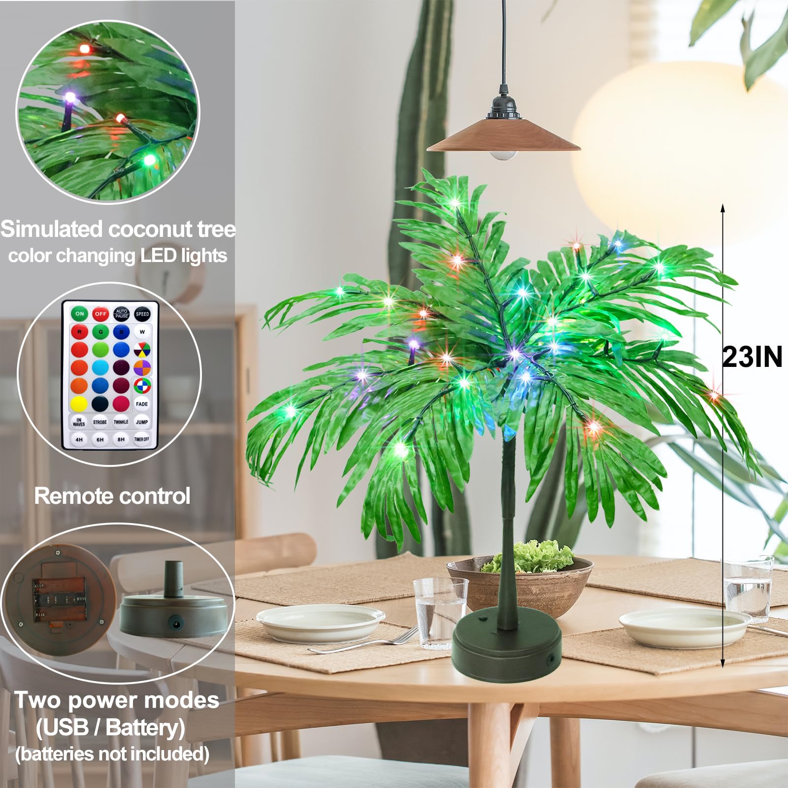 Elnsivo palm tree powered by battery or USB for portable decorating.