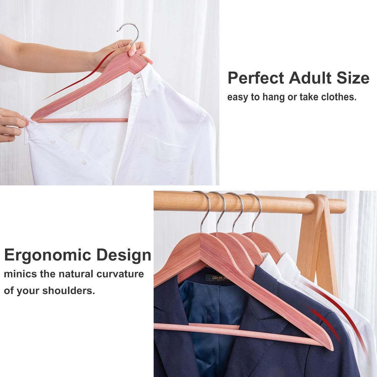 ELONG HOME cedar hangers highlight red cedar grain and refreshing scent.