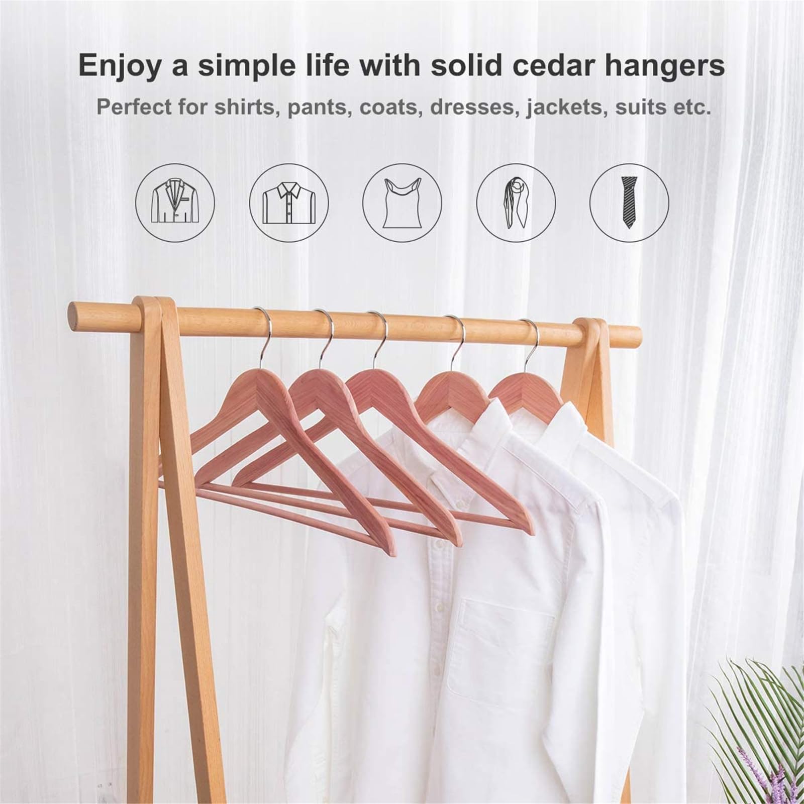 ELONG HOME cedar hangers close-up reveals a smooth finish protecting fabrics.