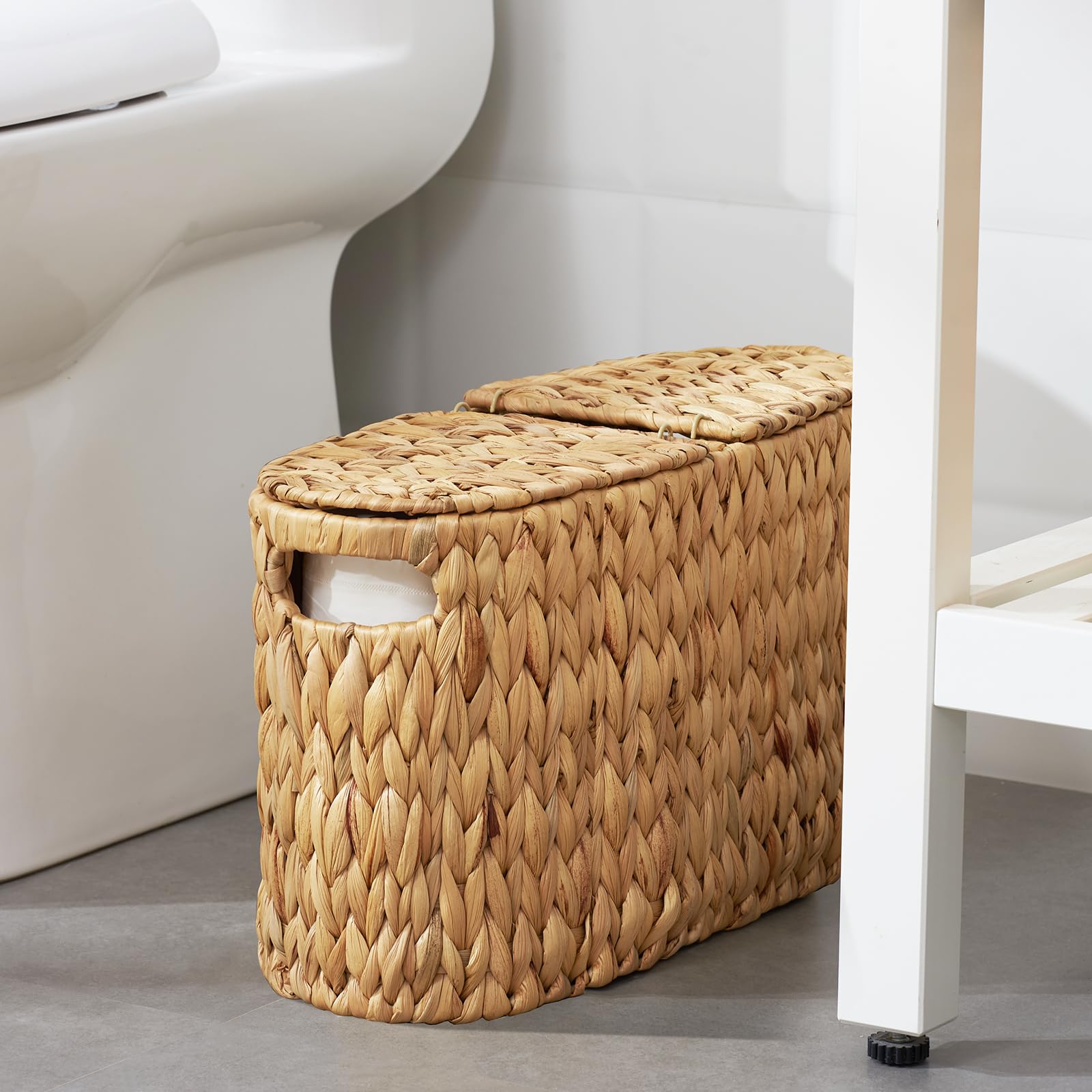 ELONG HOME toilet paper basket 6-roll capacity demonstrating clutter-free bathroom storage.