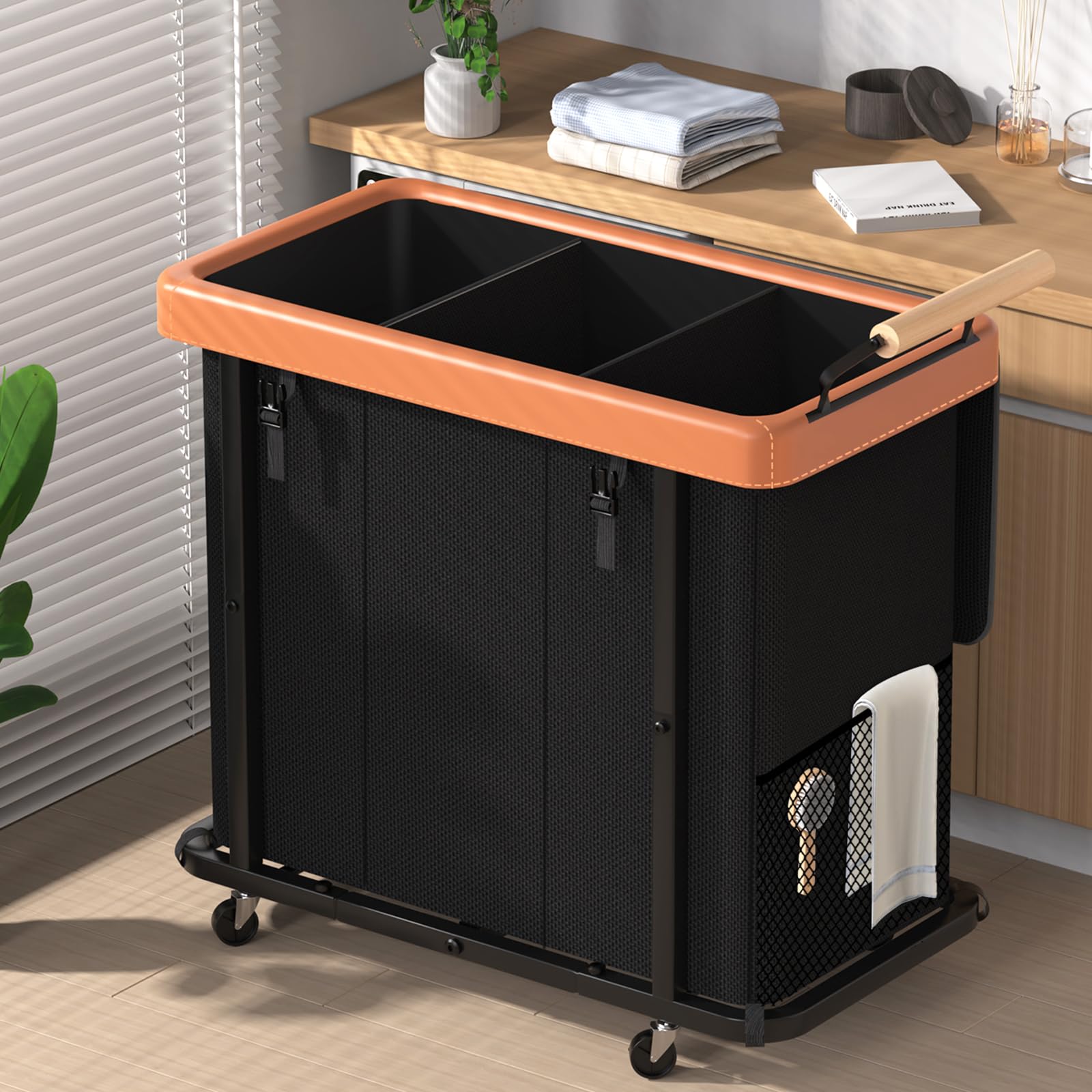 Elowen 60gal three-section laundry hamper with lid for organized sorting.
