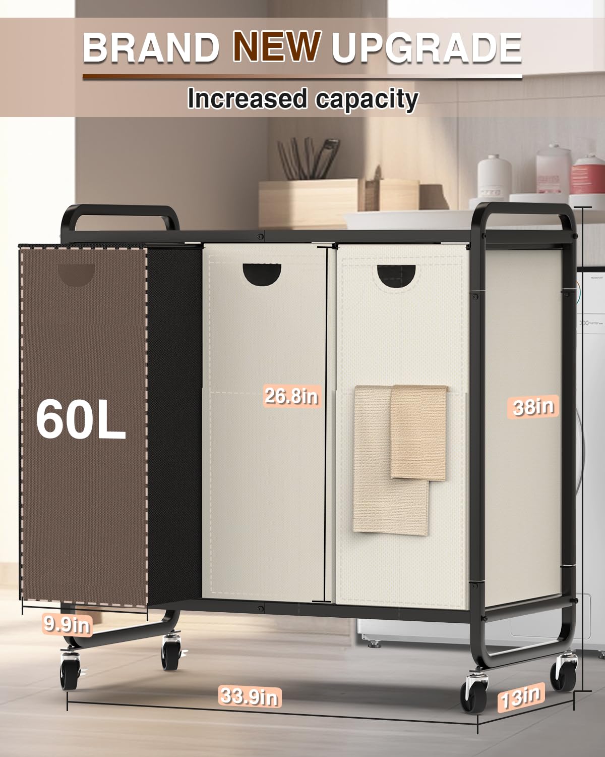 Elowen laundry sorter front pockets store detergents within easy reach.