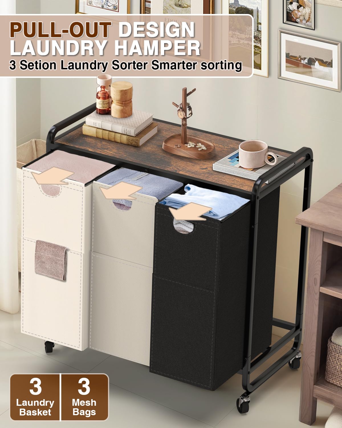 Elowen laundry sorter pull-out bags for quick transfer to the washer.