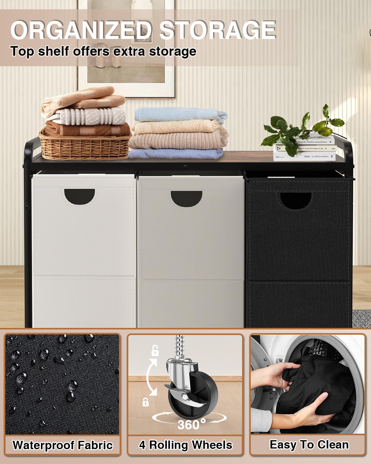 Elowen laundry sorter rolling casters enable easy movement around the home.