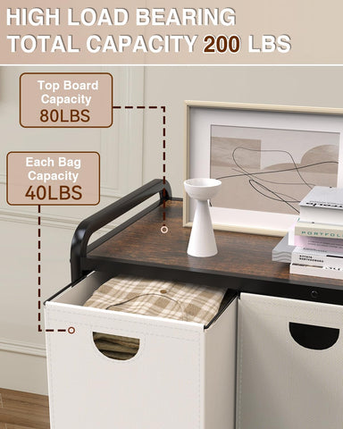 Elowen laundry sorter with wood top shelf providing sturdy workspace.