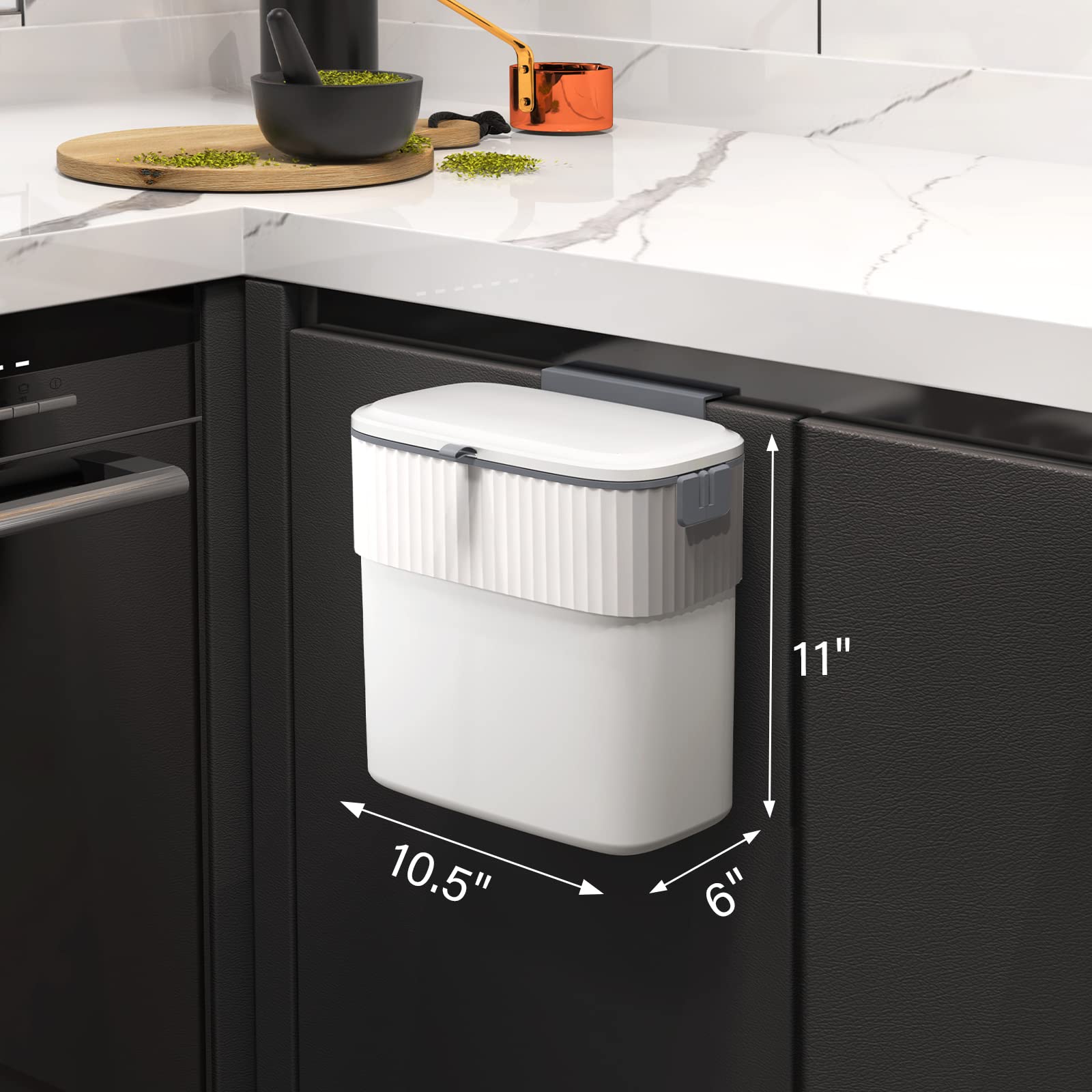 ELPHECO 2.5-gallon trash bin fits compact cabinet doors neatly