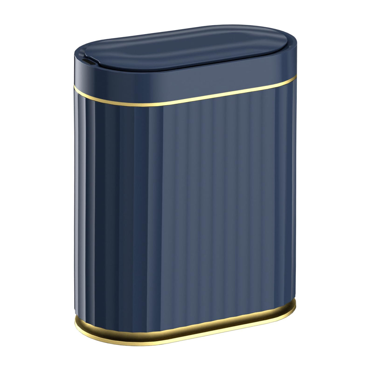 ELPHECO 2-gallon sensor trash can with blue-gold finish fits compact spaces.